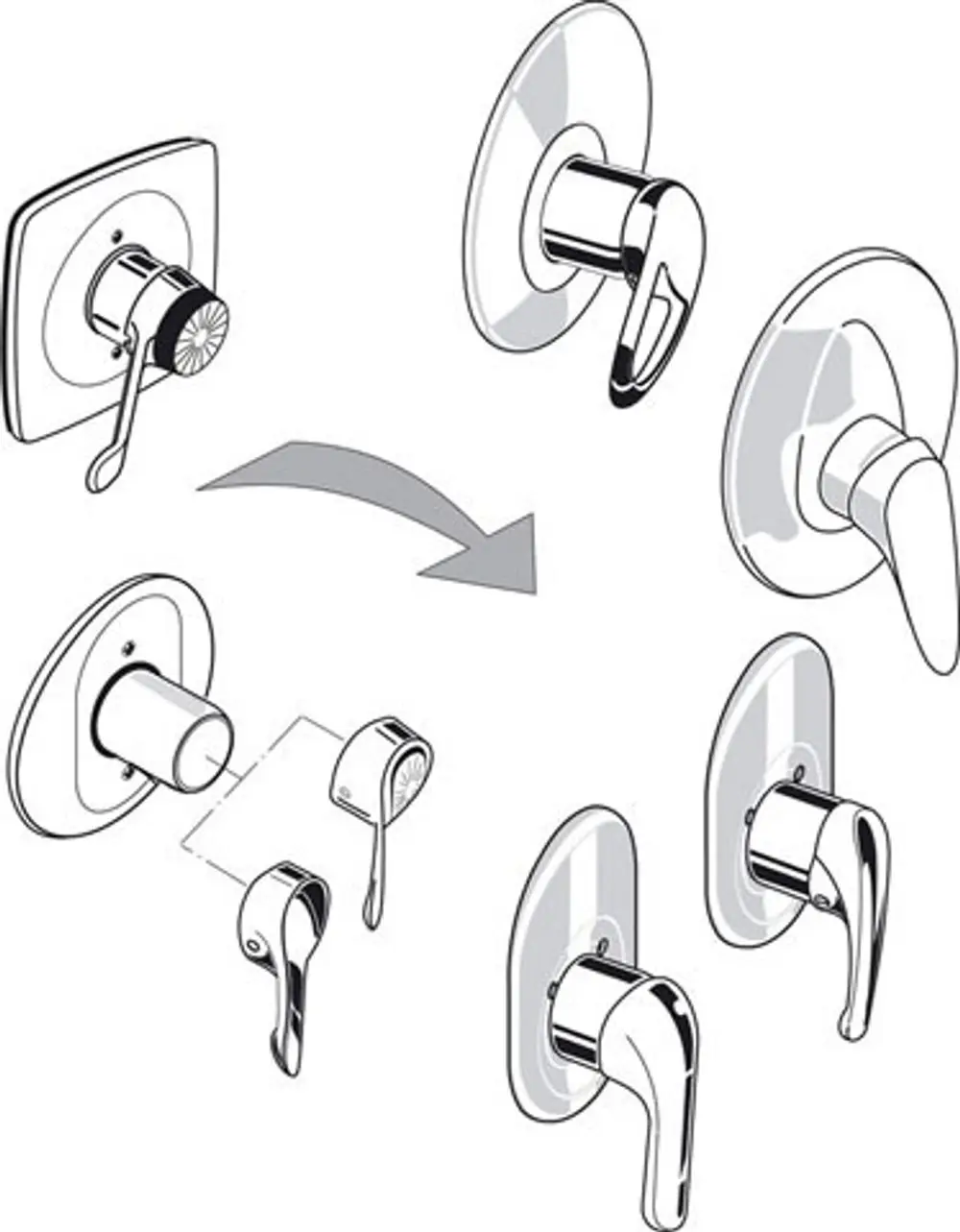 Montageanleitung für verschiedene Bedienhebel einer Ideal Standard Brausearmatur, einschließlich Illustrationen der Funktionen und Anordnung der Teile.